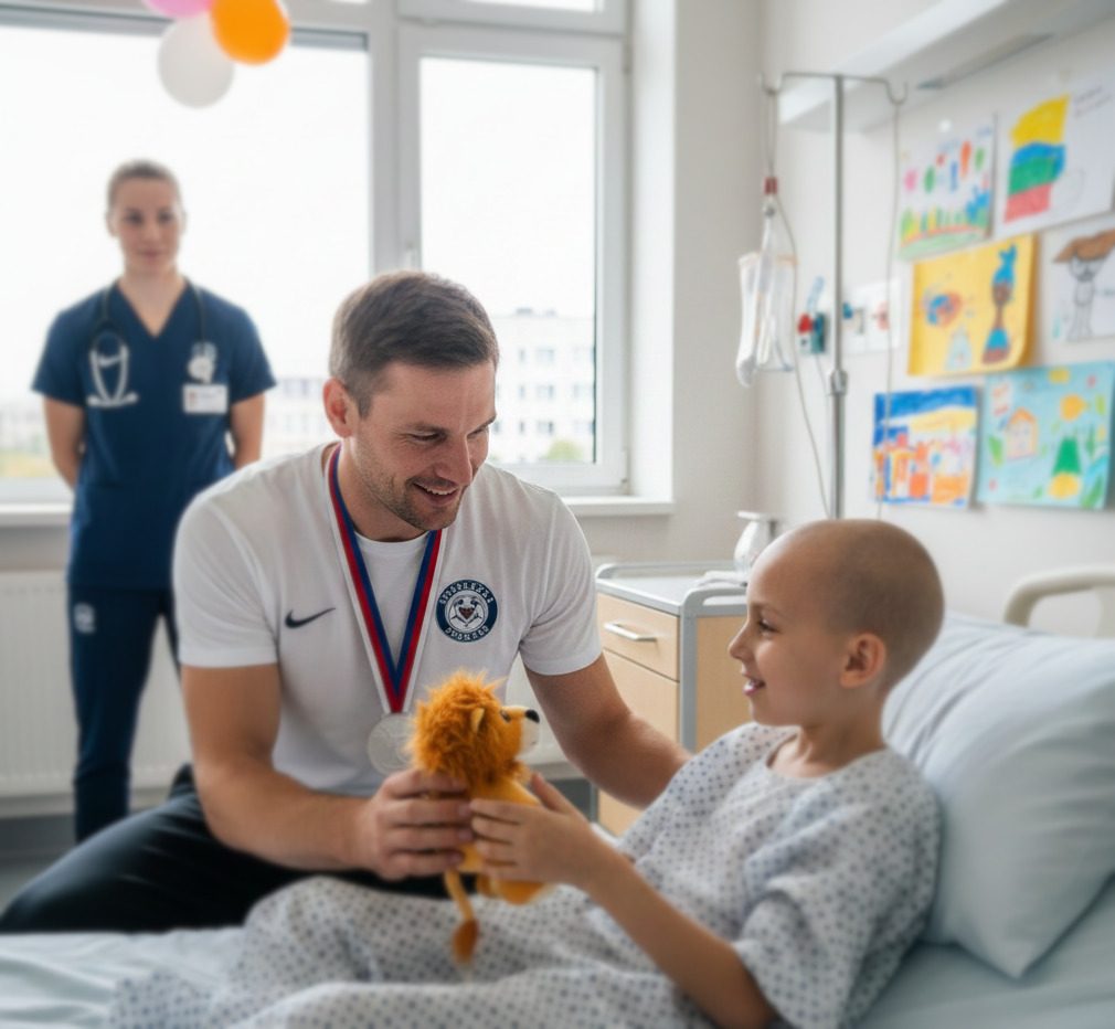 An athlete spending time with young patients in hospital